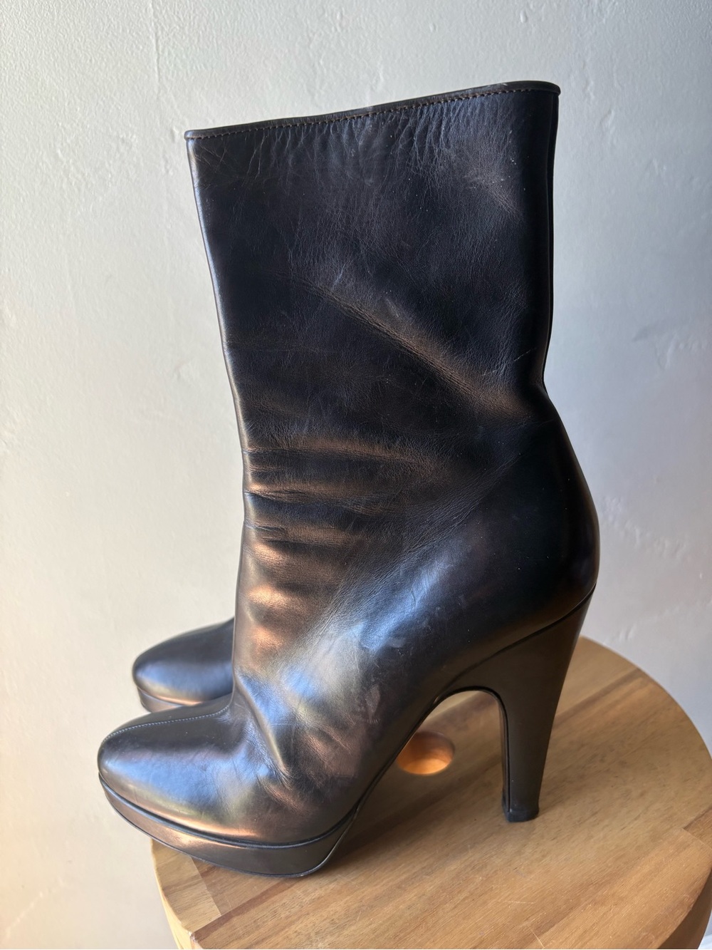 Prada Black Leather Platform Mid-Calf Boots ~ Size 38 1/2